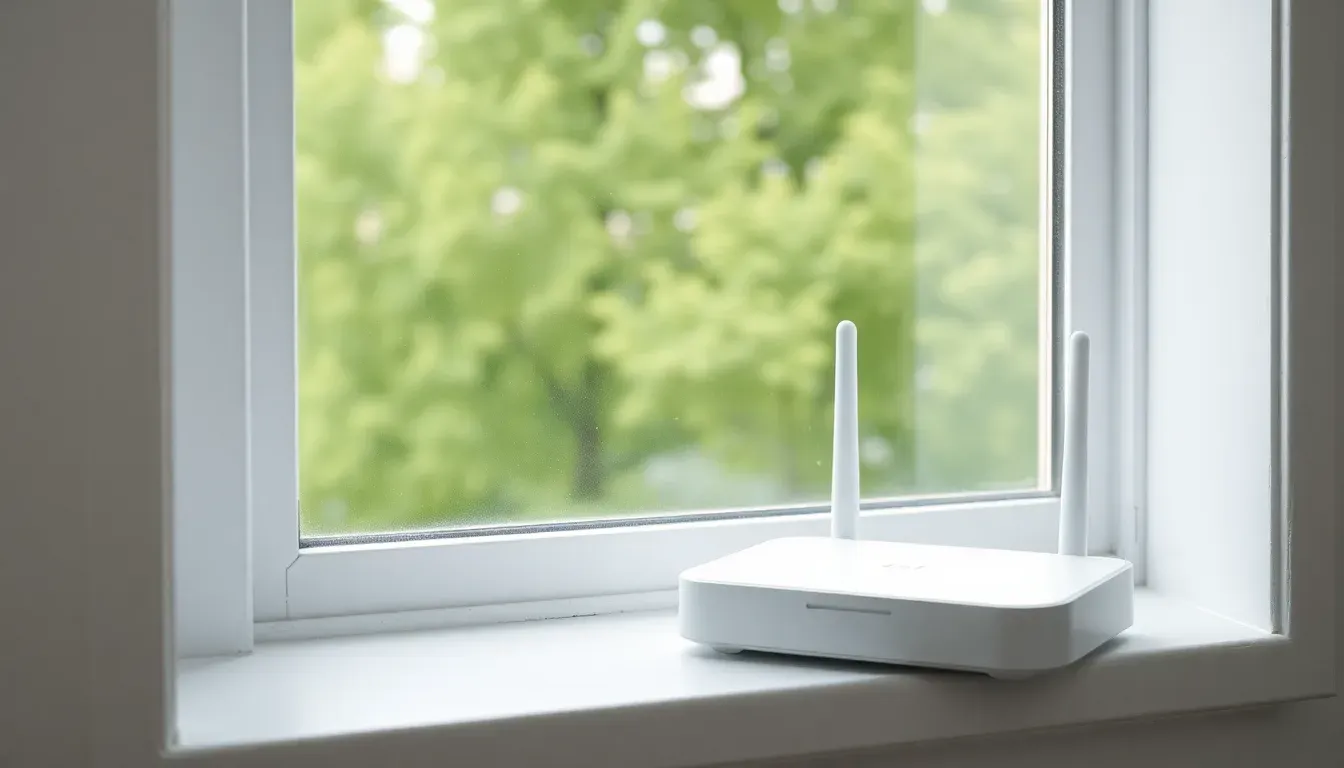 En hvid router med to antenner i en vindueskarm med grønne træer uden for vinduet.