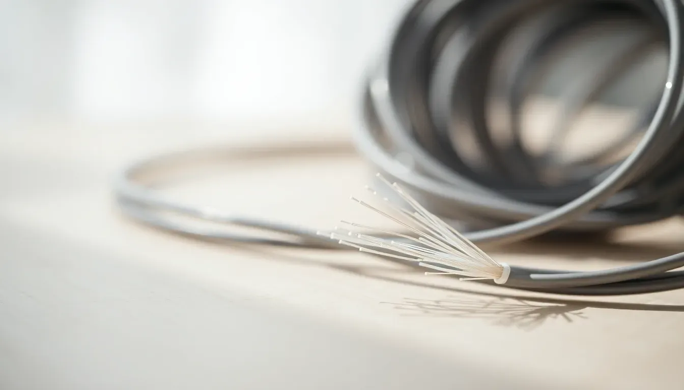 Fiber-optisk kabel krøllet på et lyst bord i blødt dagslys.