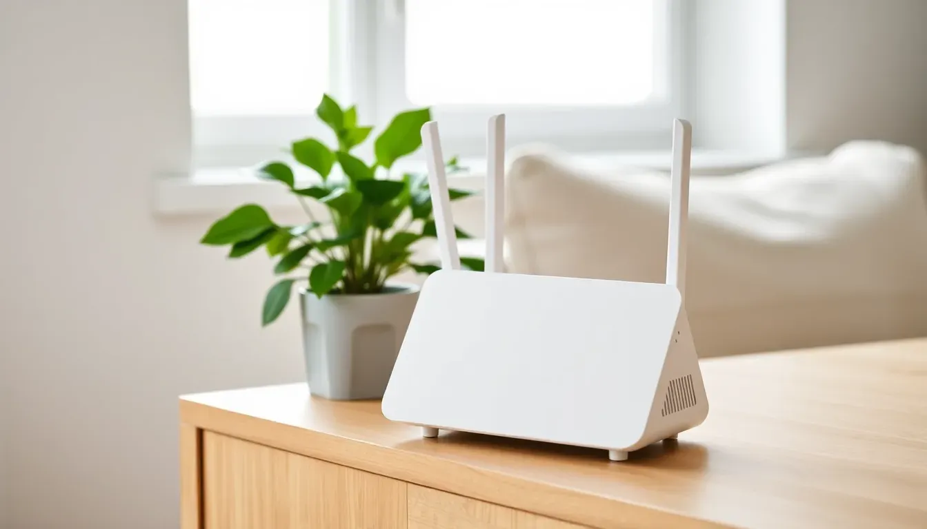 En hvid router med tre antenner på en lys egetræsskænk ved siden af en grøn potteplante.