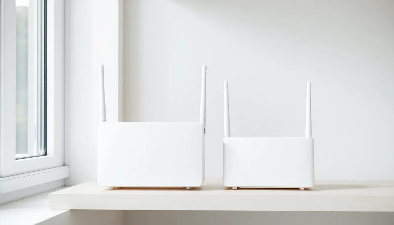 To hvide routere i forskellig størrelse står side om side på en lys træhylde ved et vindue.