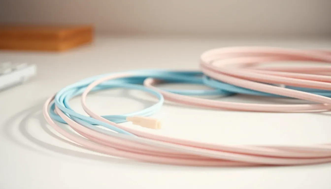 Blåt og lyserødt fiberkabel på hvidt bord i dagslys.