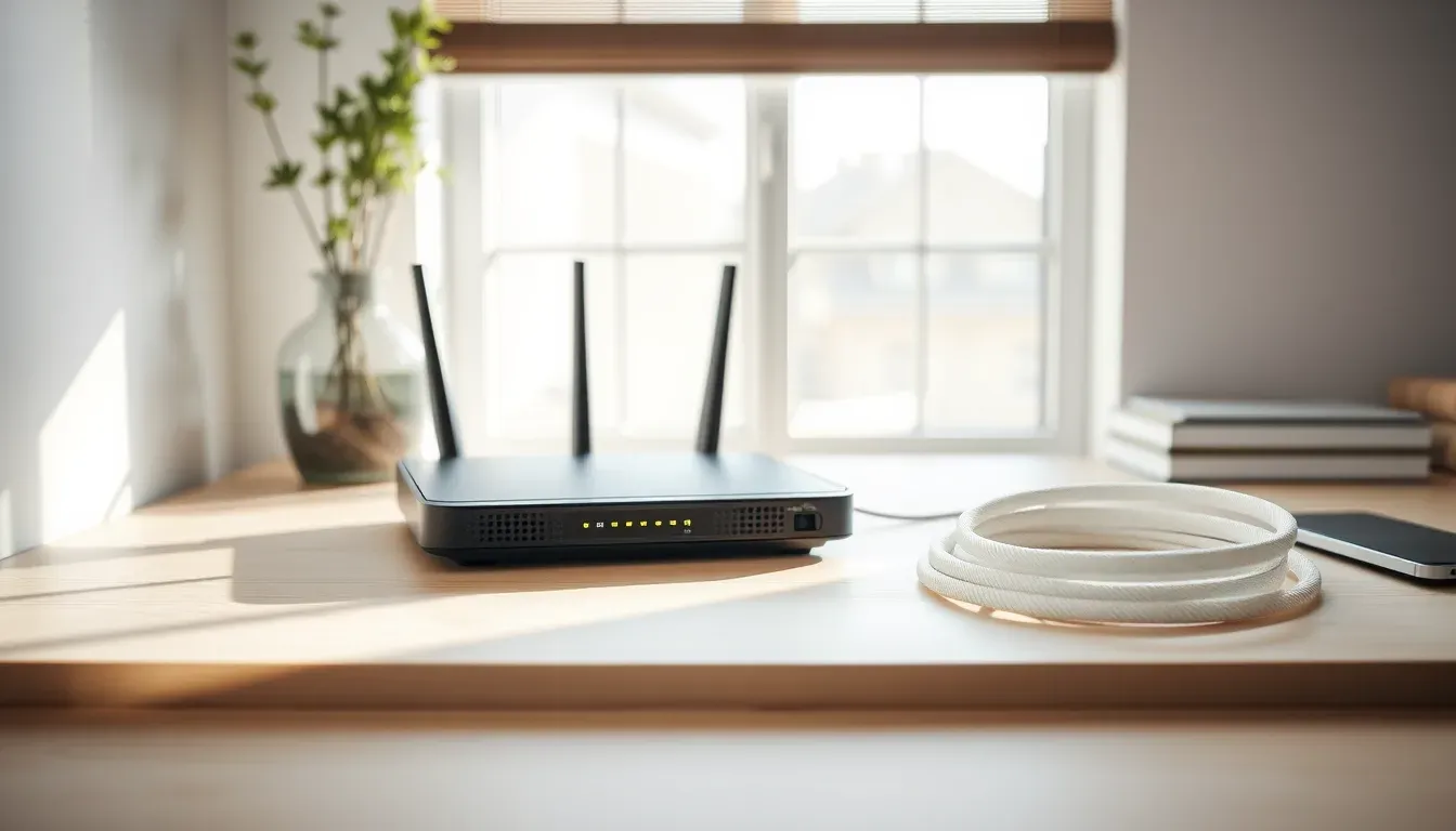 Moderne router og hvid fiberoptisk kabel på lyst træbord med morgenlys.
