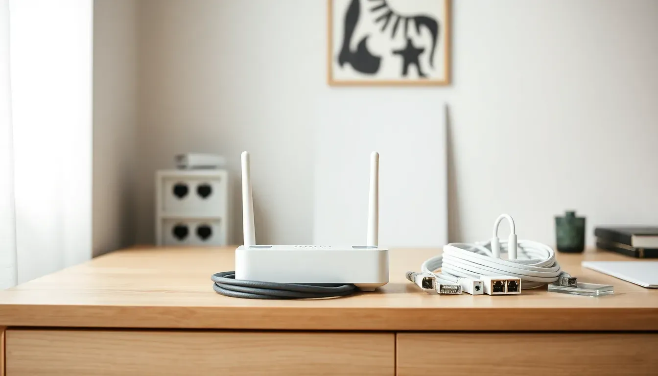 Wifi-router og forskellige bredbåndskabler på et lyst træbord i dagslys.