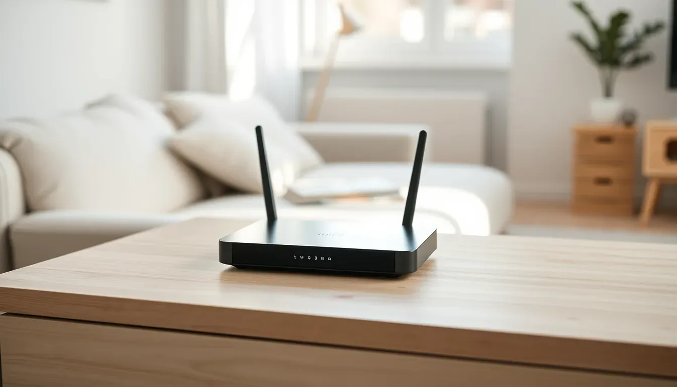 Moderne WiFi-router på lyst træbord i minimalistisk skandinavisk interiør.