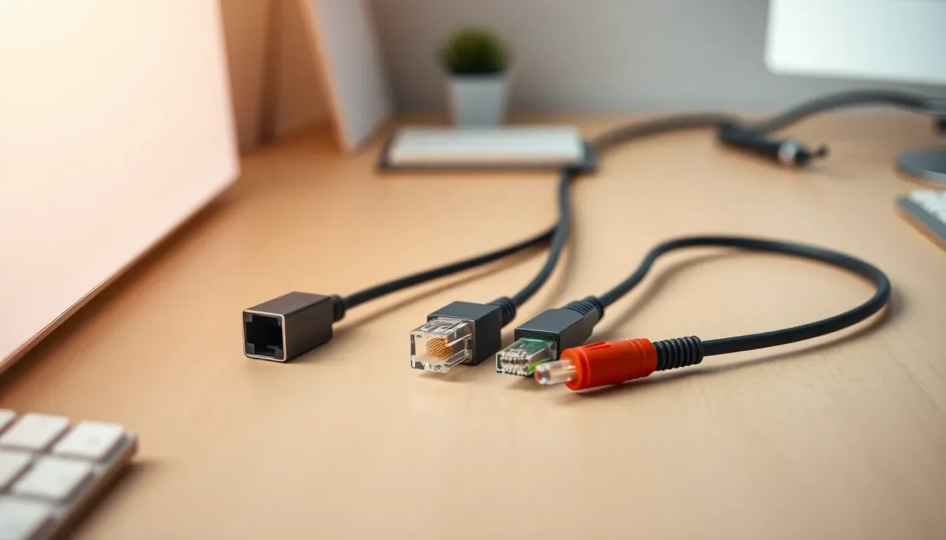 Netværkskabler med forskellige stik på et lyst træbord ved siden af et tastatur.