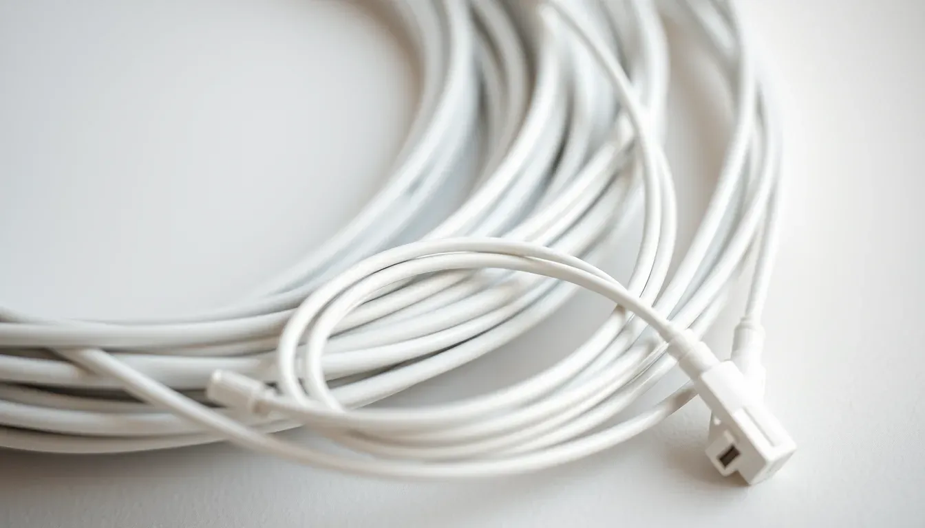 Hvide og grå fiberoptiske kabler oprullede på en lysegrå overflade i naturligt lys.