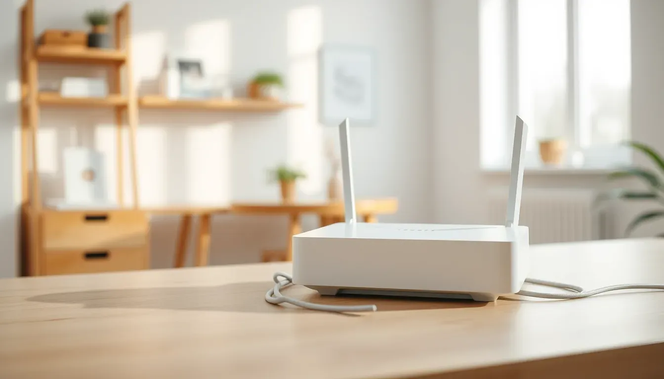Hvid router og netværkskabel på lyst trisbord i minimalistisk hjemmekontor.