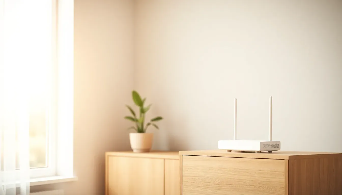 Hvid router med to antenner på en lys træskænk ved siden af en grøn potteplante i en lys stue.