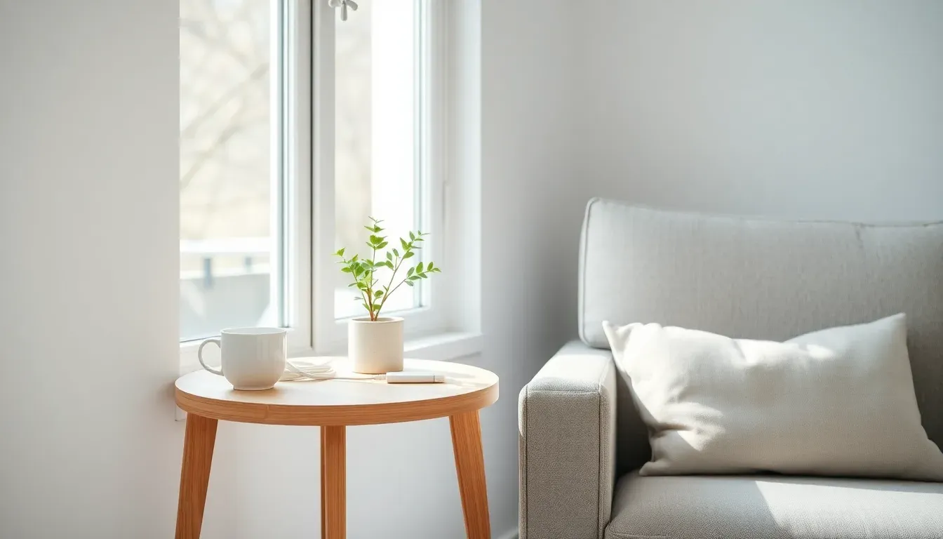 Lyst hjørne ved et vindue med et rundt træbord med en hvid kop, en lille plante og et hvidt kabel ved siden af en grå lænestol.