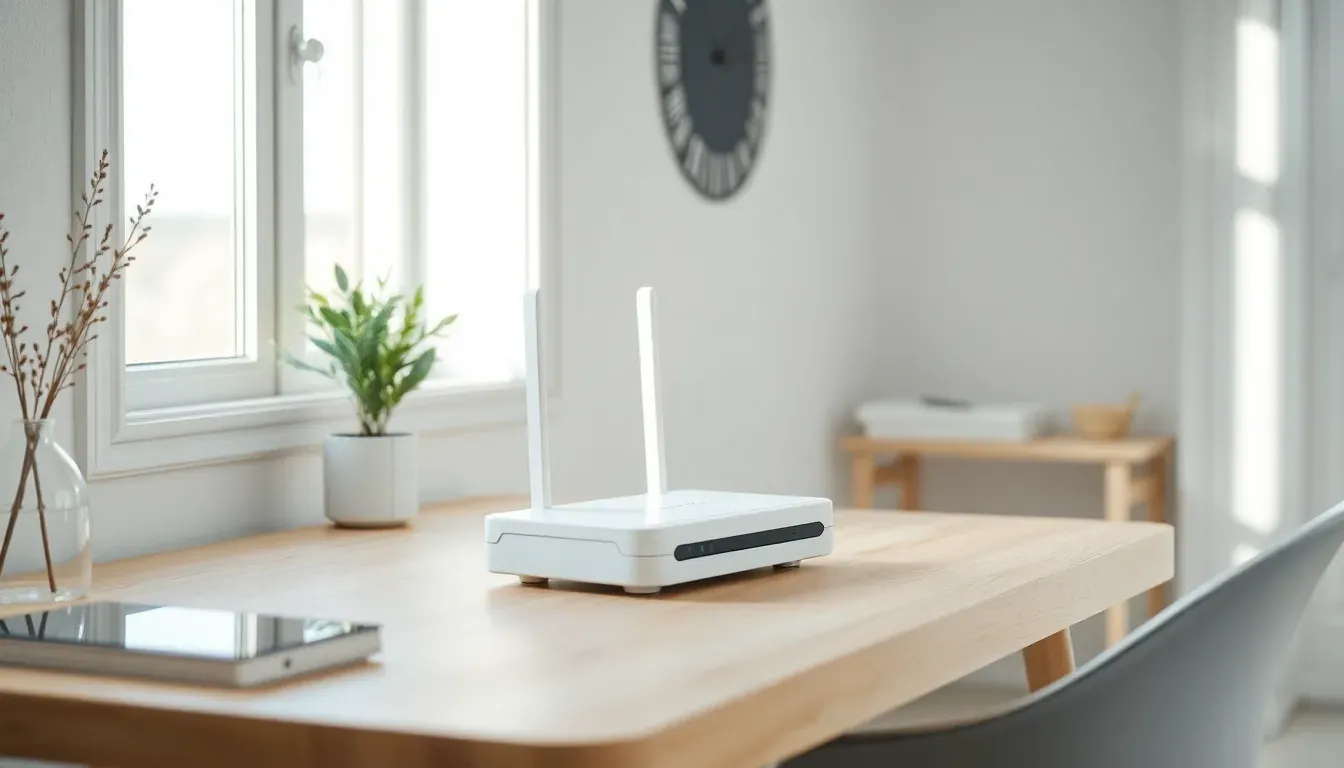 En hvid mobilrouter på et lyst træbord i minimalistisk stue med morgenlys.